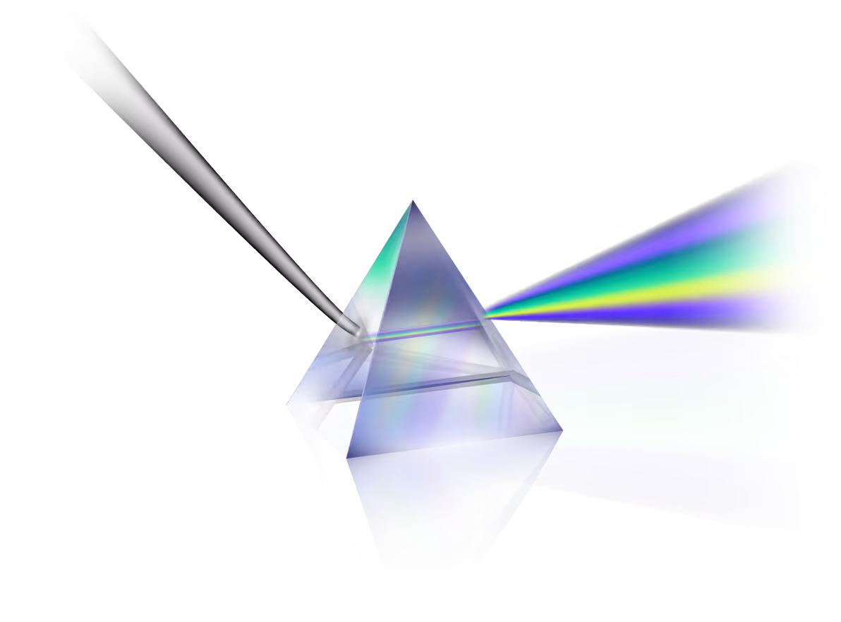 Transparent glass prism refracting a single gray light beam into multiple colorful light beams.