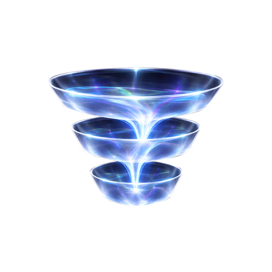 Three glowing transparent funnel shapes stacked vertically with light trails flowing downward through each funnel.