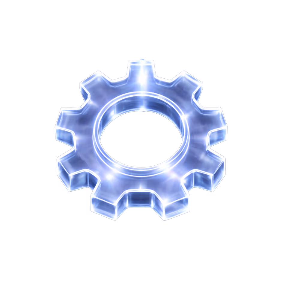 Transparent glowing blue gear cog with eight teeth on a white background.