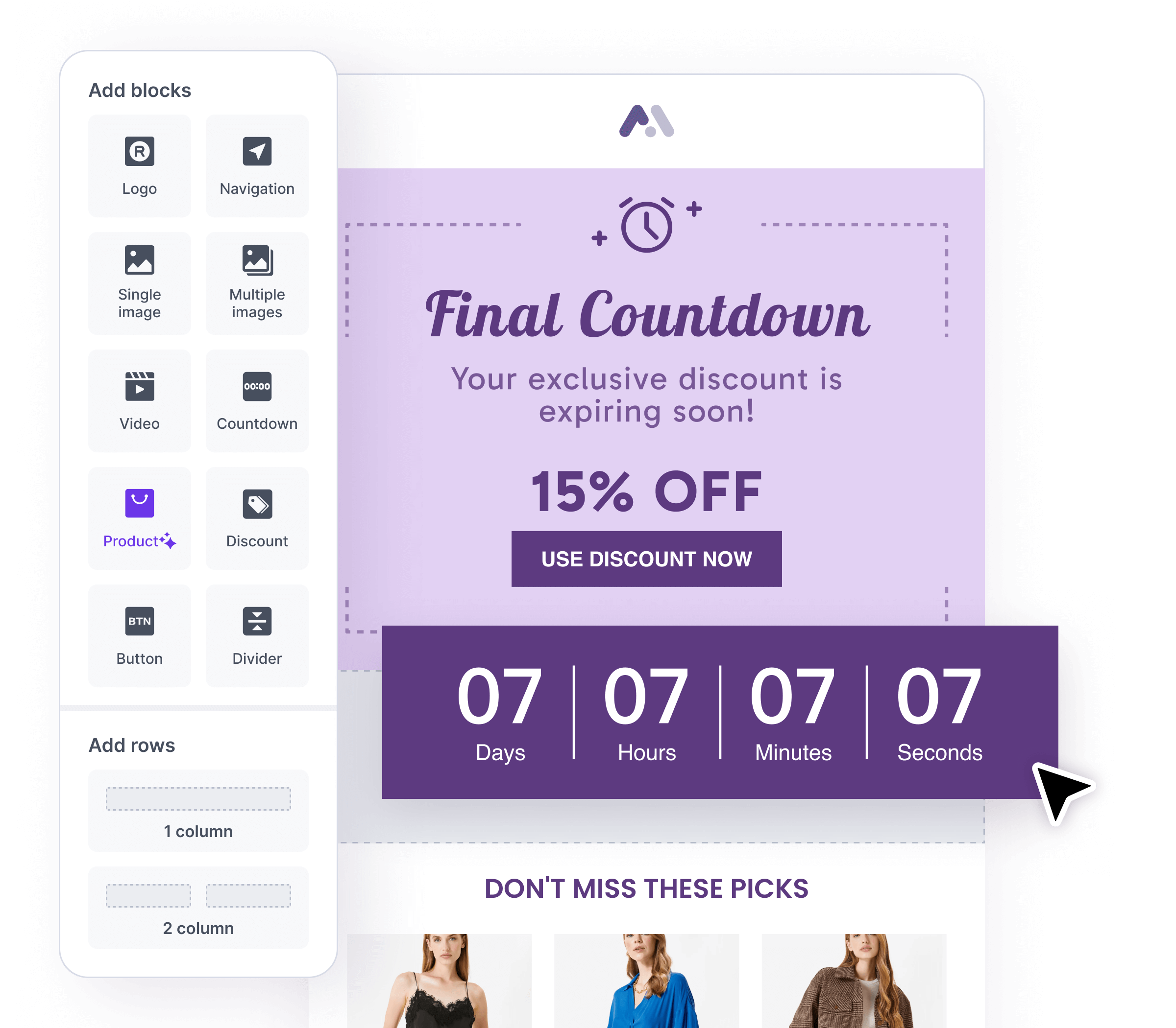 Email builder interface with "Add blocks" menu (Logo, Countdown, Product, etc.) and a promotional section featuring "Final Countdown" 15% off offer, countdown timer, and product recommendations.