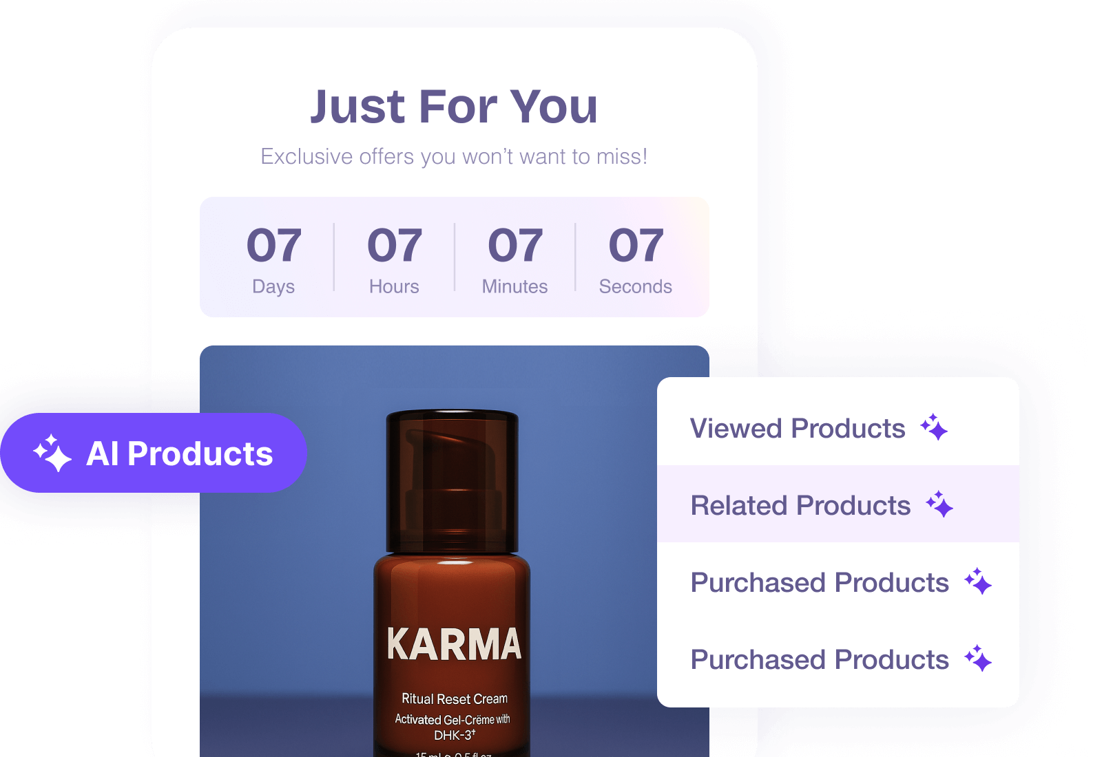 Beauty product interface with "Just For You" exclusive offers, countdown timer, "AI Products" label, KARMA Ritual Reset Cream, and product categories (Viewed, Related, Purchased Products).