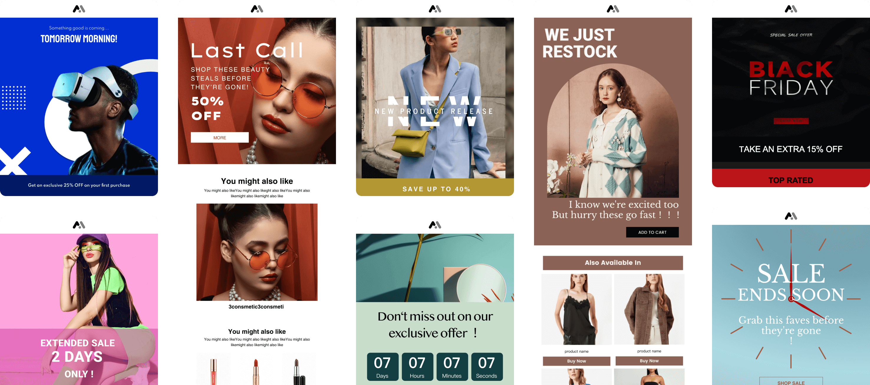 Collection of e-commerce promotional templates for holidays, sales, and events, featuring discounts, product recommendations, and themed designs.
