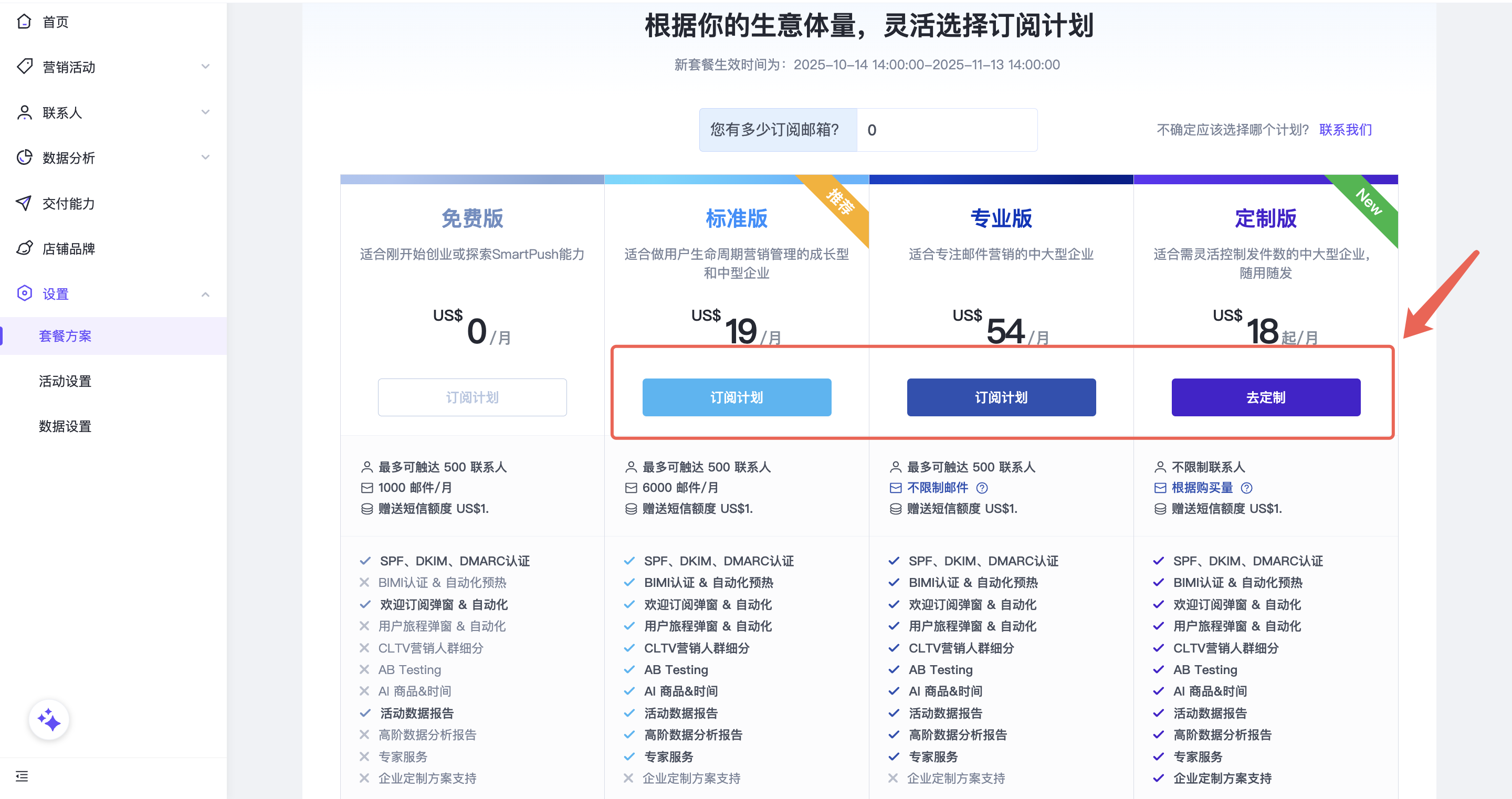 SmartPush 套餐方案页面，展示免费版、标准版、专业版、定制版四种订阅计划，红框和箭头突出后三者操作按钮