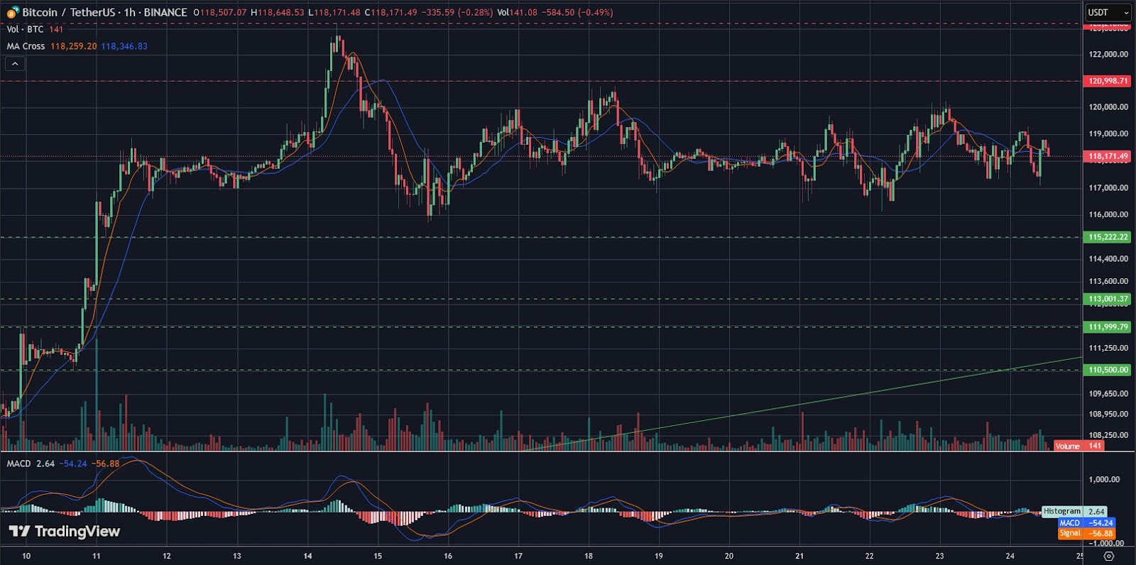 BTC/USDT hourly logarithmic chart