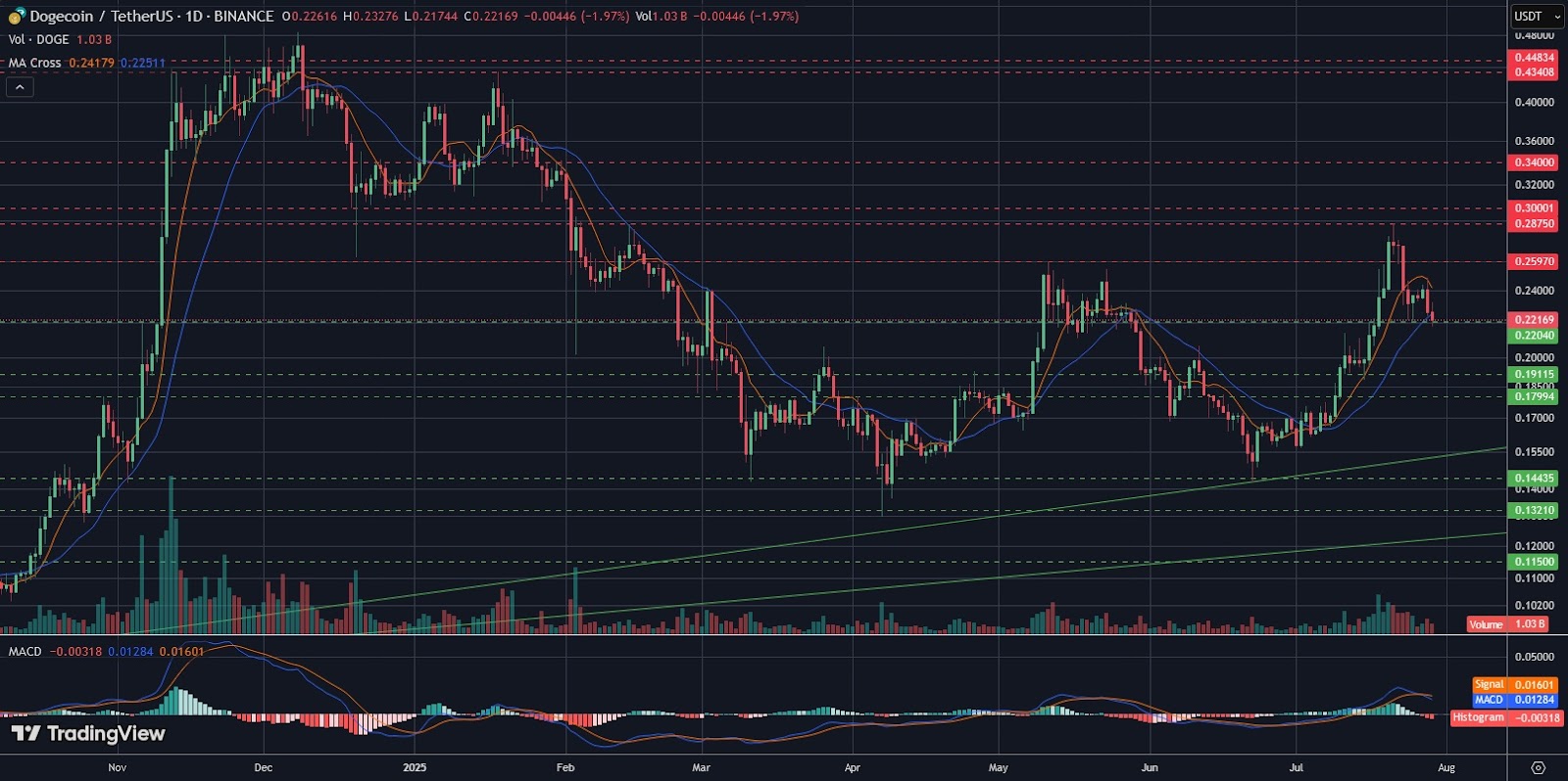 DOGE/USDT daily logarithmic chart