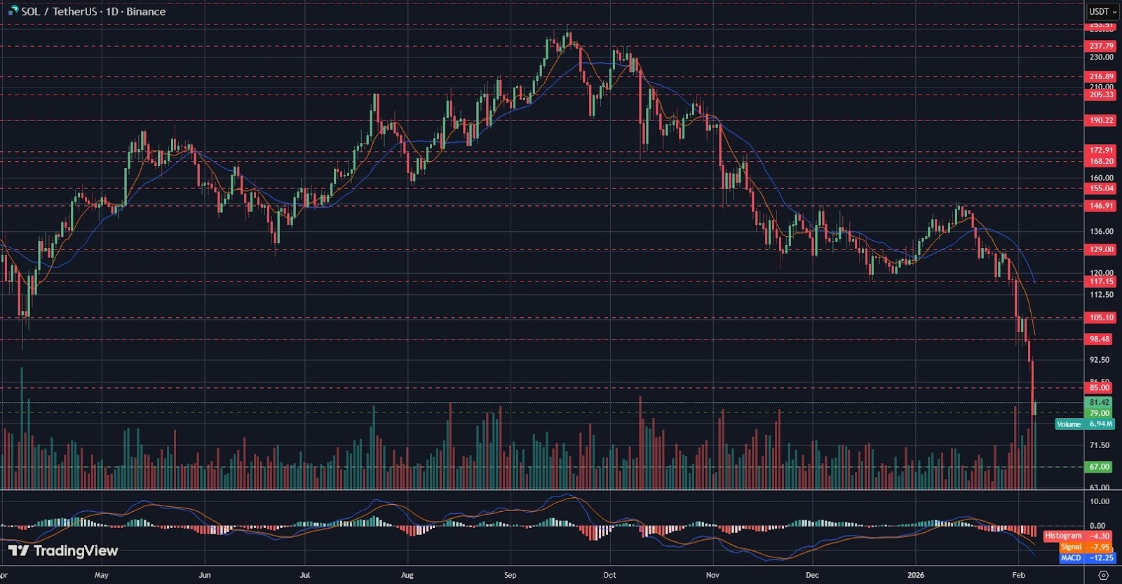 SOL/USDT daily logarithmic chart