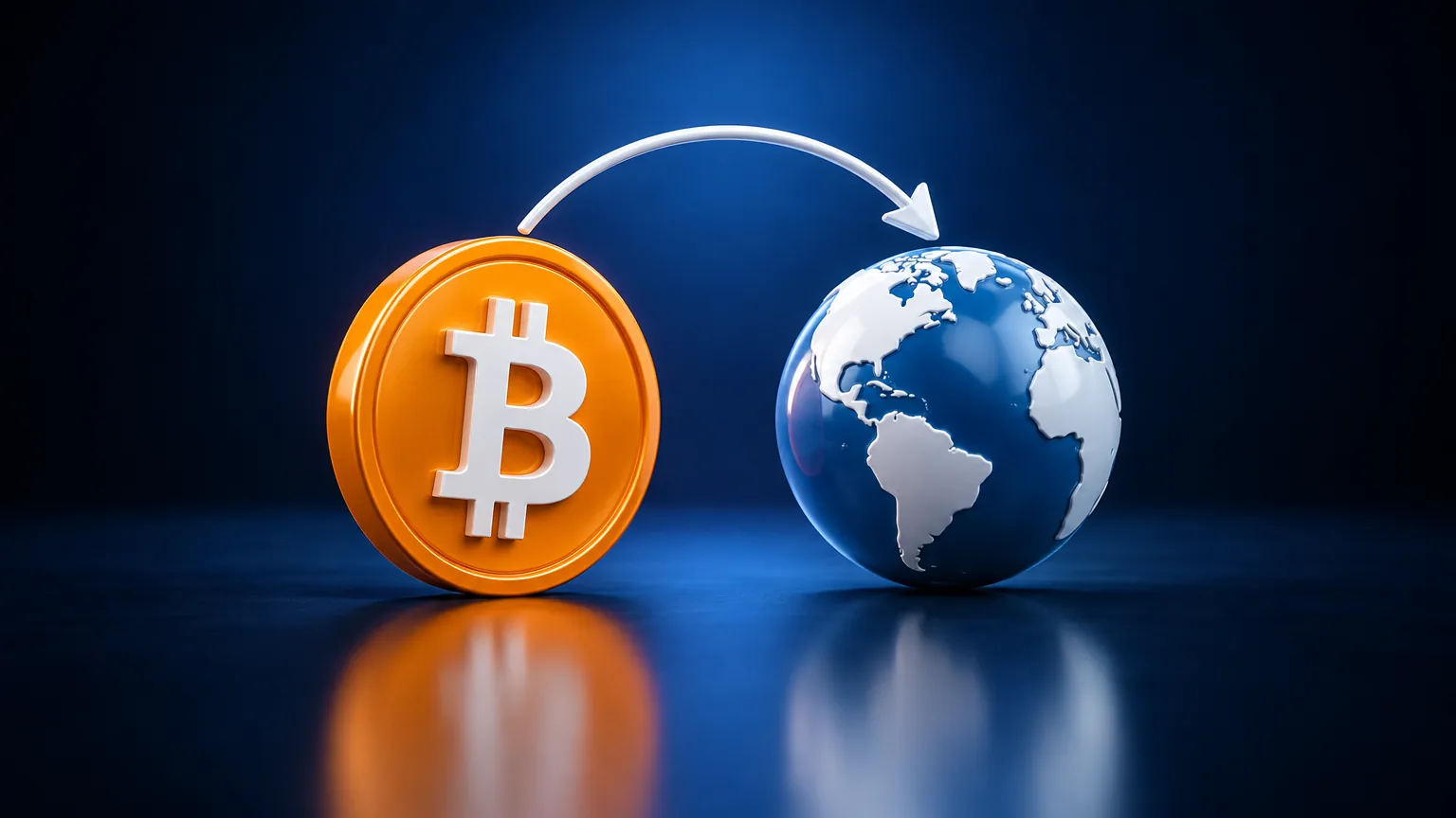 Bitcoin coin with an arrow arcing to a globe