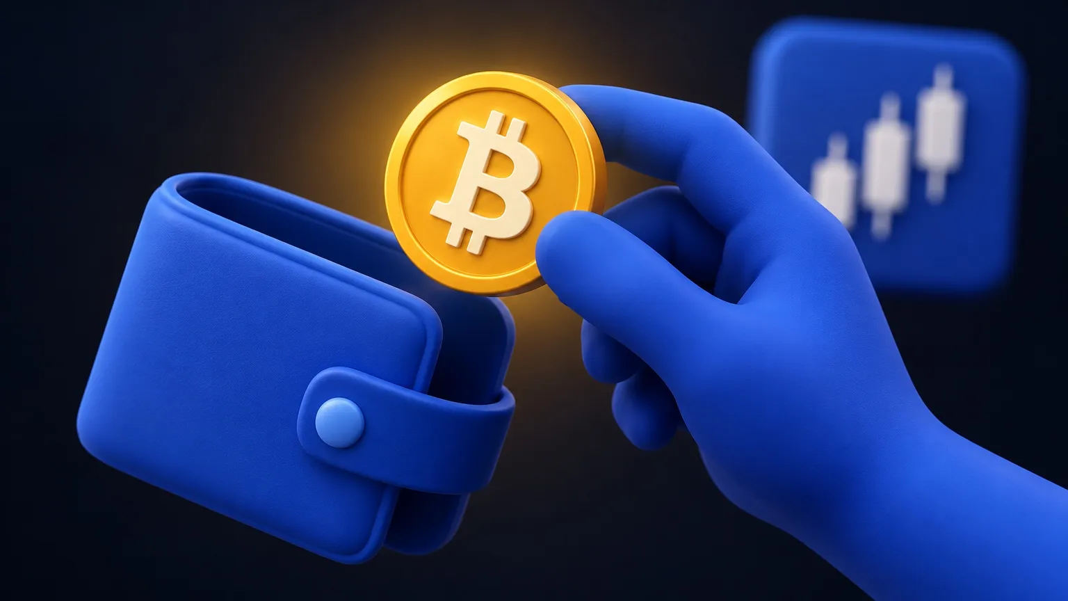 Blue hand putting a Bitcoin coin into a crypto wallet, with an exchange chart icon behind