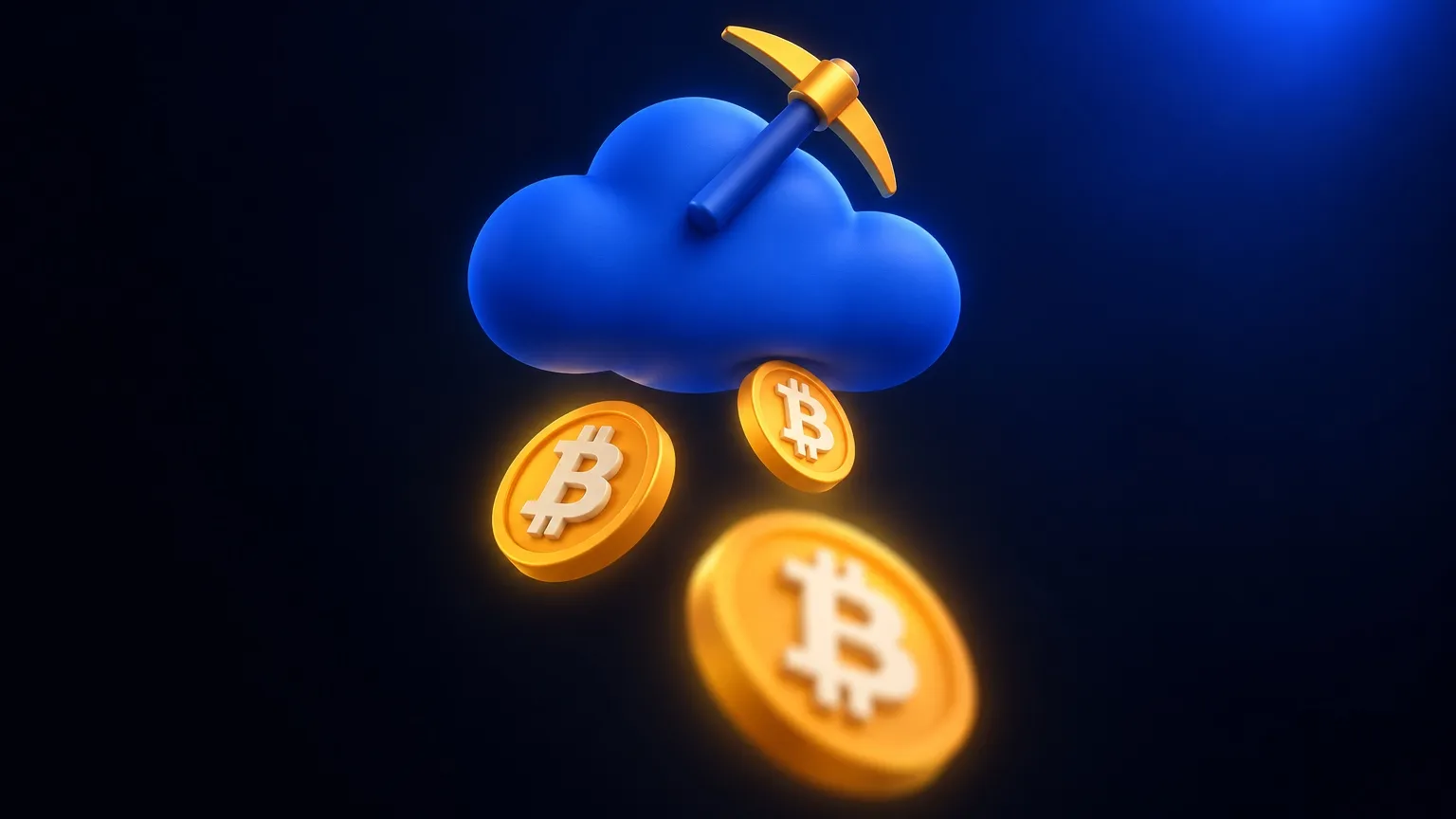 Blue cloud with a golden pickaxe and Bitcoin coins falling from it