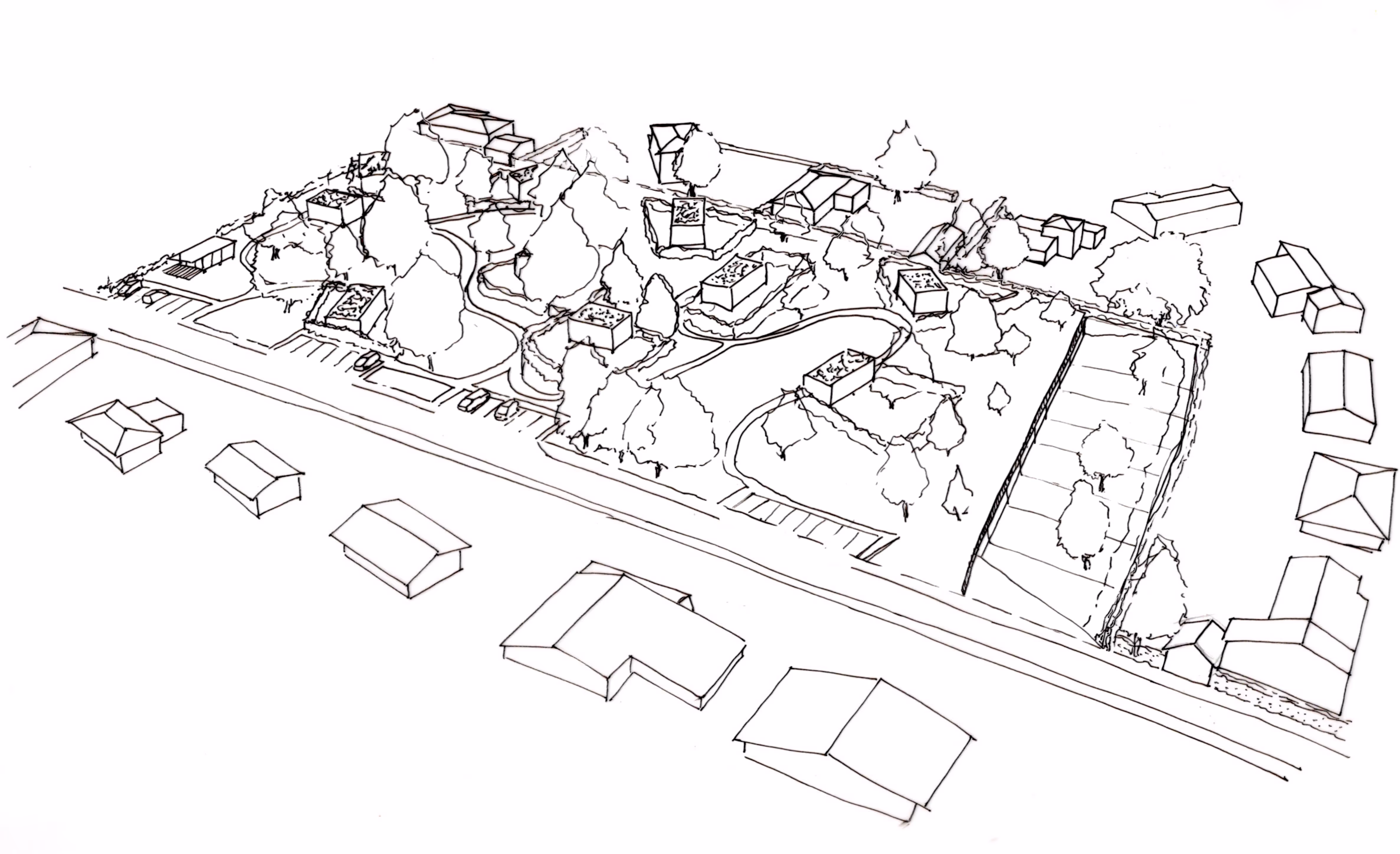 Vue aérienne dessinée de la première esquisse de parc habité à Beychac-et-Cailleau