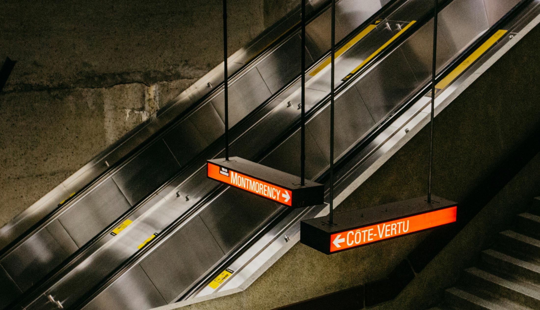 Close up of escalators in the Montreal metro station.