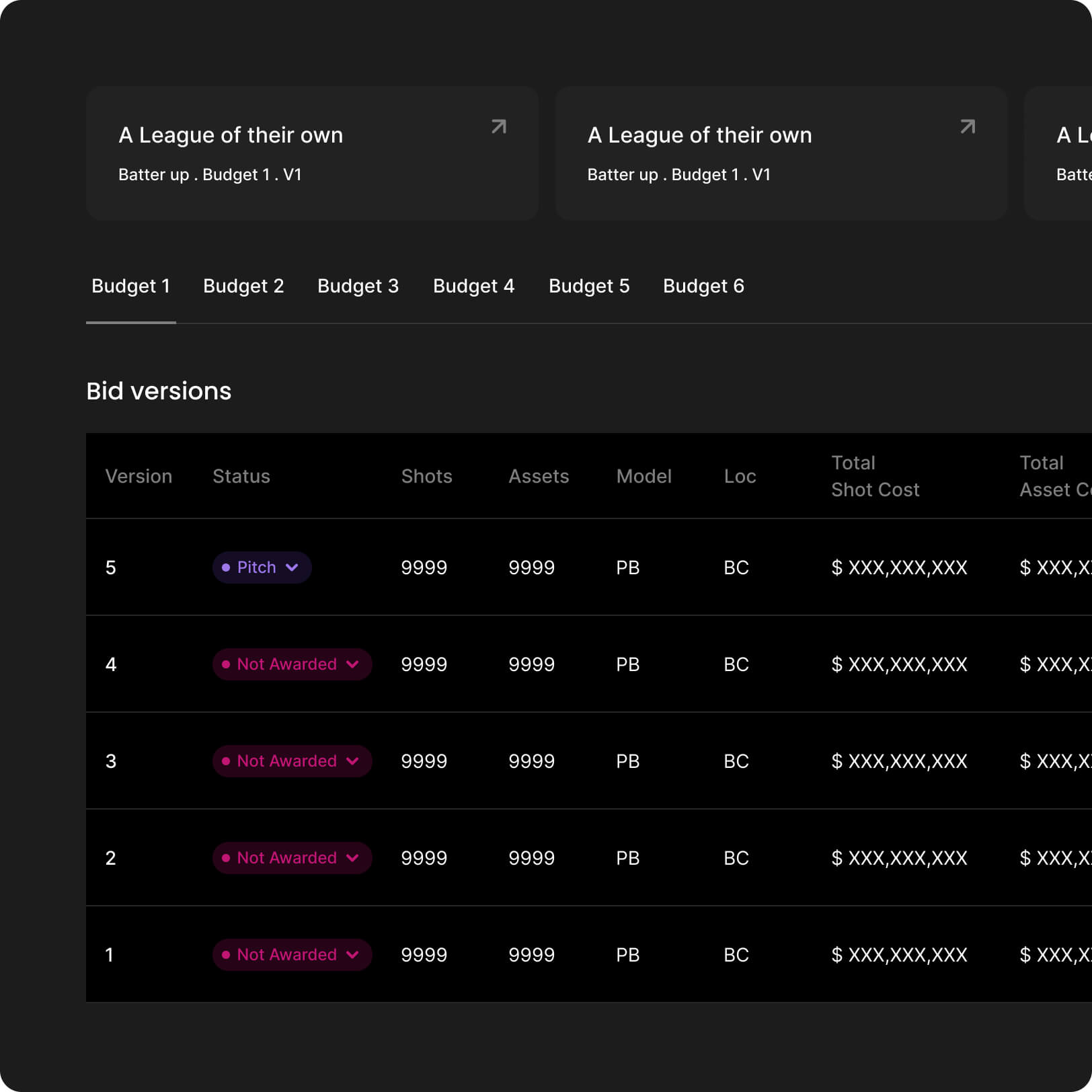 Screen showing the bidding application of Pitch Black
