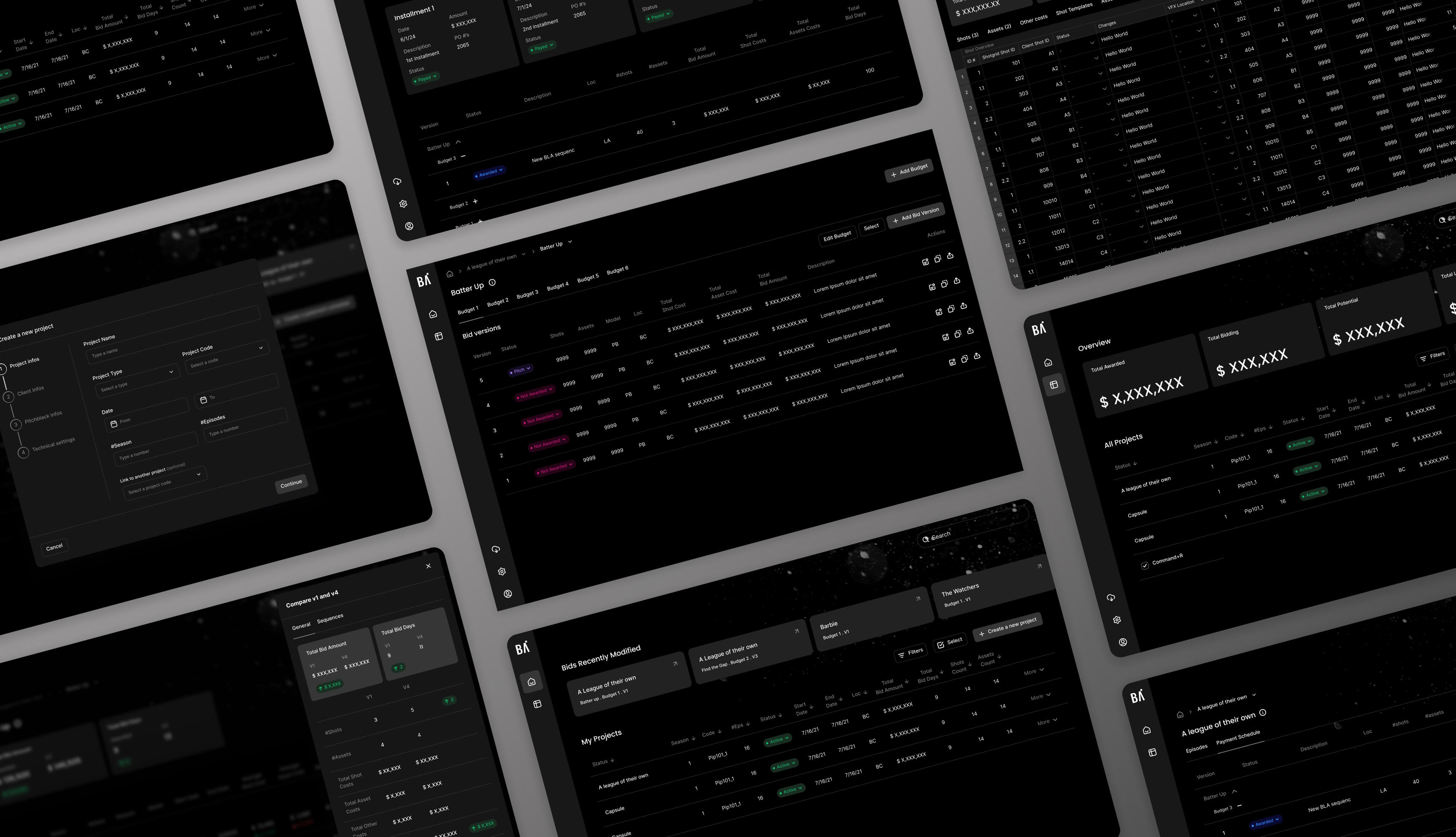 Multiple screens showing the bidding application of Pitch Black