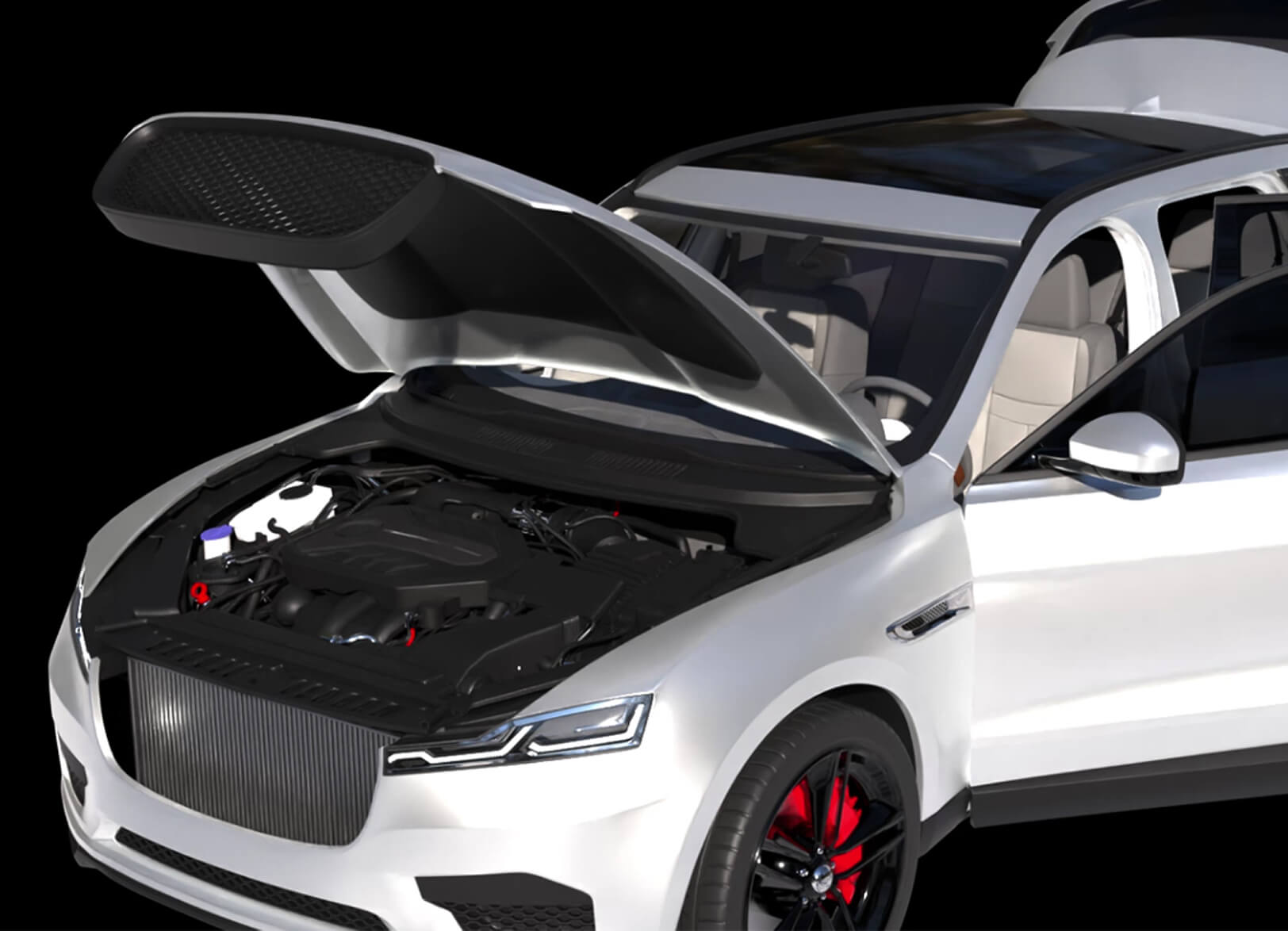 Dessous de capot d'une automobile blanche.