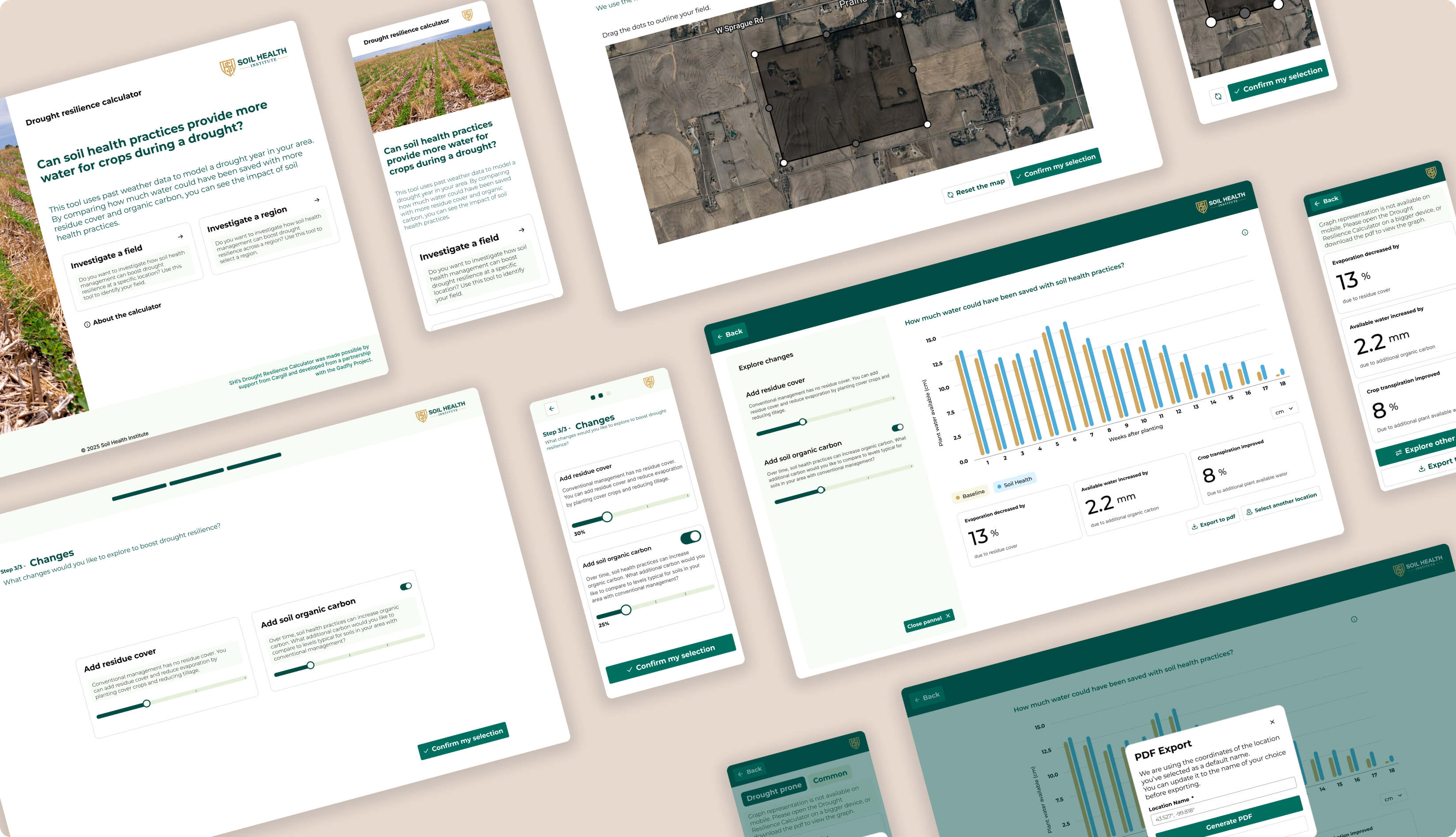 Multiple screens of the Soil Health Institute Drought resilience calculator interface