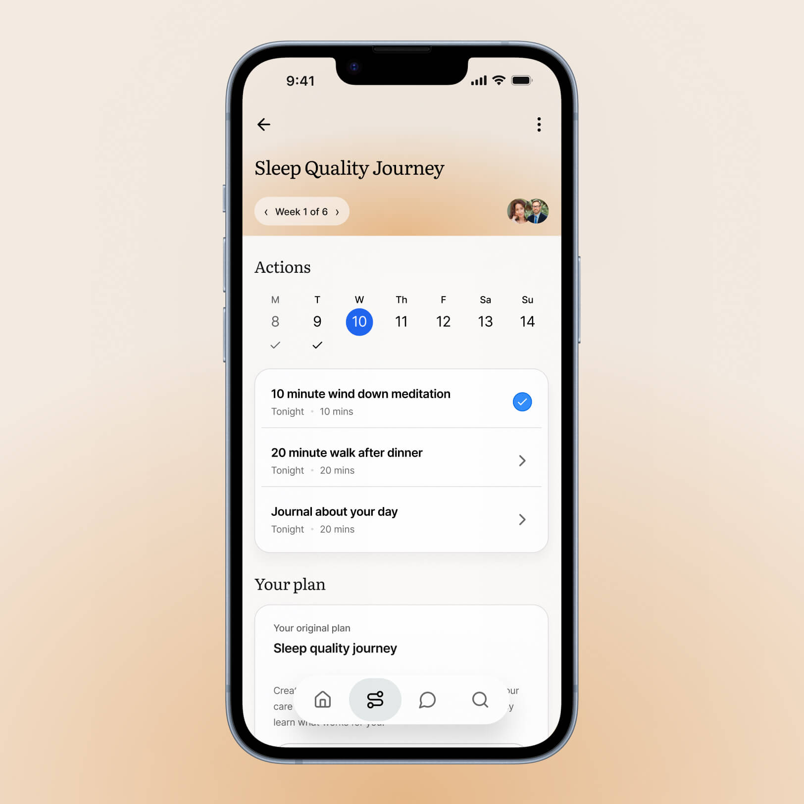 Smartphone displaying the Onix app's personalized wellness dashboard, including daily activities, expert guidance, and sleep improvement goals.