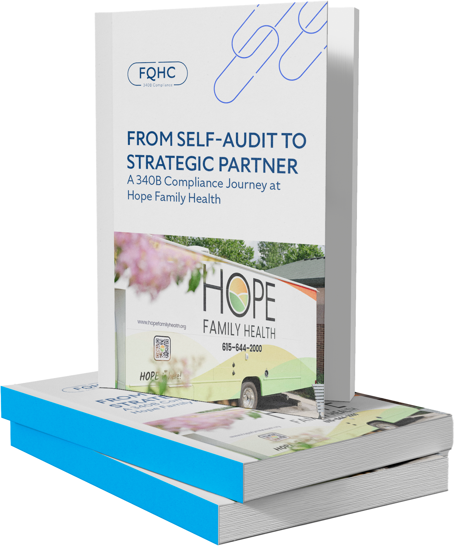 Magazine spread with a 340B program testimonial, three professionals, and an FQHC 340B Compliance call-to-action in a modern blue design.