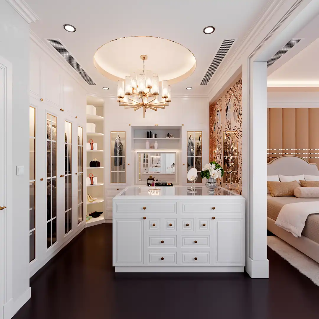 Callahan & Peters custom walk-in closet with built-in cabinetry, center island, and luxury storage solutions.