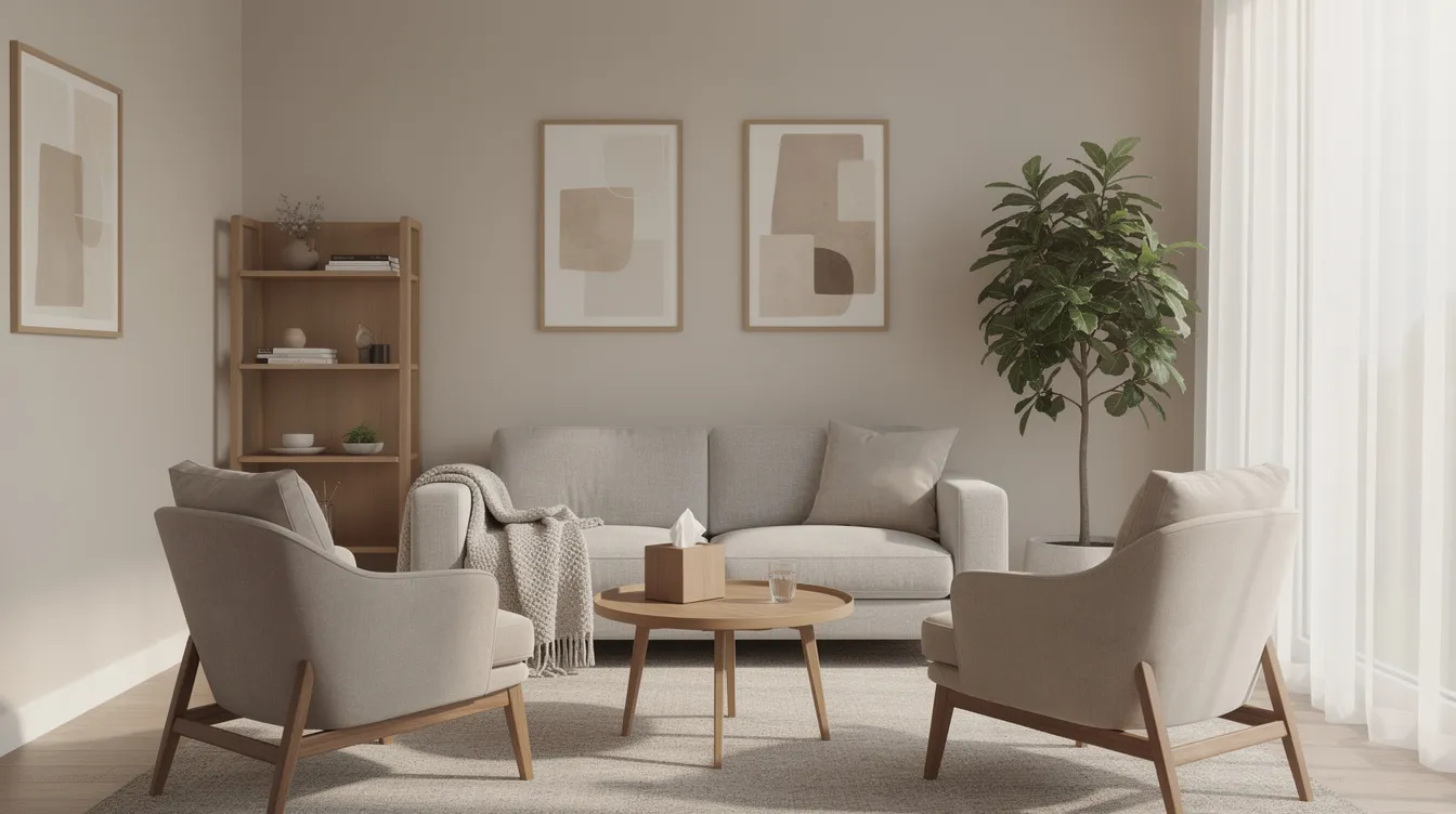 The image depicts a serene and modern therapy office, featuring comfortable seating and soft natural lighting, creating a welcoming environment for addressing mental health disorders such as obsessive compulsive disorder and anxiety disorders. This calming space is ideal for therapies like cognitive behavioural therapy and exposure therapy, helping clients manage symptoms and improve their daily life.