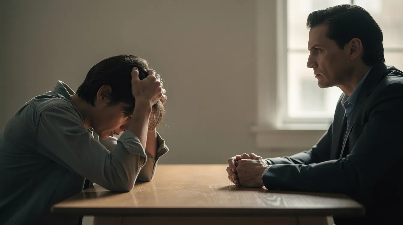 The image depicts two individuals seated at a table, with one person displaying signs of distress while the other appears stern and focused, possibly reflecting the complexities of interpersonal relationships affected by disorders such as obsessive compulsive personality disorder (OCPD) and obsessive compulsive disorder (OCD). The contrasting expressions may symbolize the emotional challenges faced in navigating mental health issues and the impact of compulsive behaviors on their interactions.