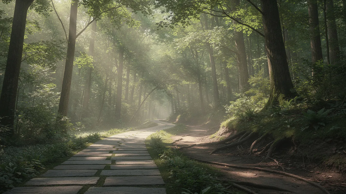 The image depicts a serene forest path that branches into two distinct directions; one path is straight and orderly, while the other is winding and meandering. This visual metaphor can represent the contrast between obsessive compulsive disorder (OCD) and obsessive compulsive personality disorder (OCPD), highlighting the differences in their compulsive behaviors and personality traits.