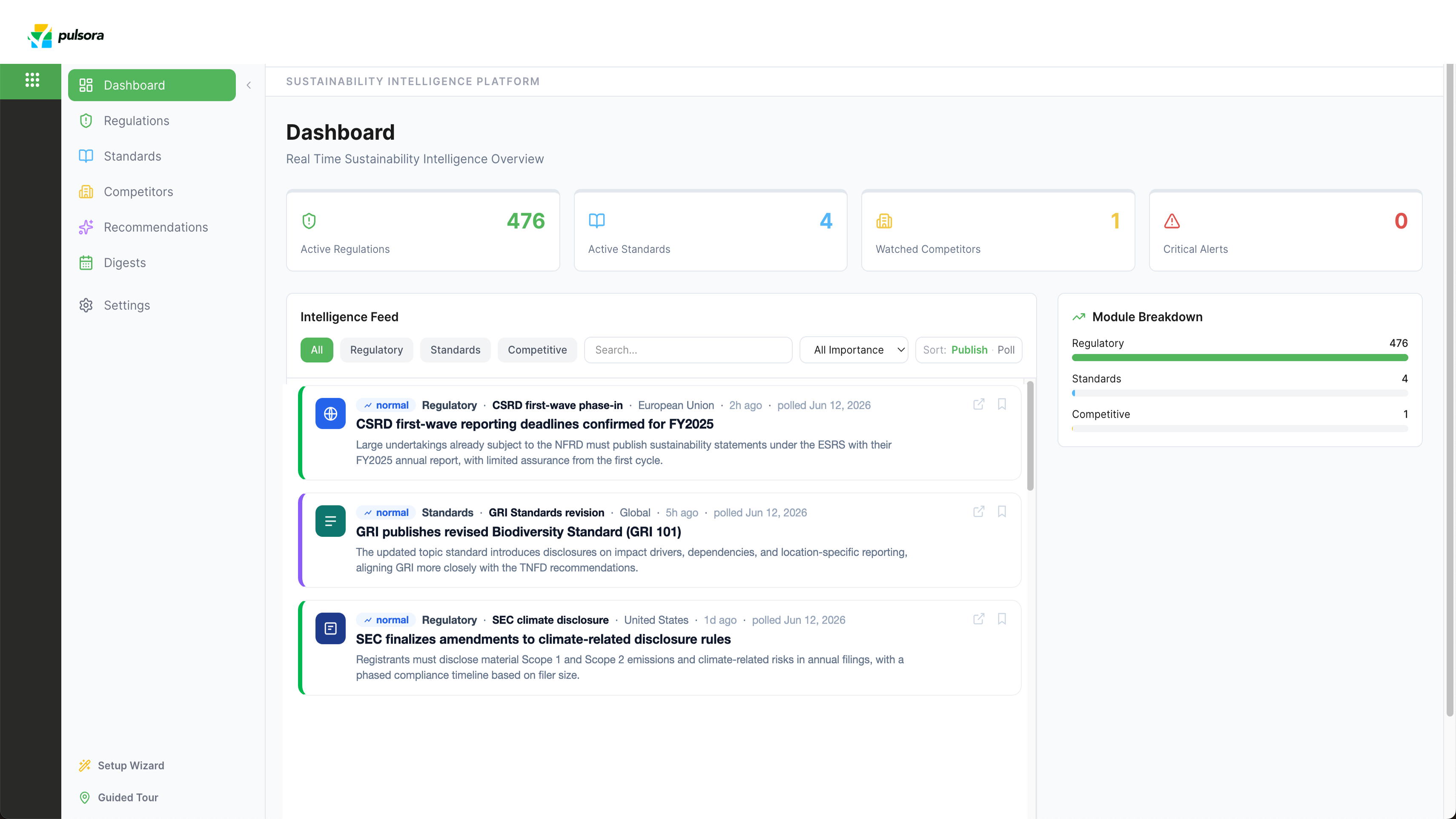 Pulsora Sustainability Intelligence dashboard showing active regulations, standards, and watched competitors