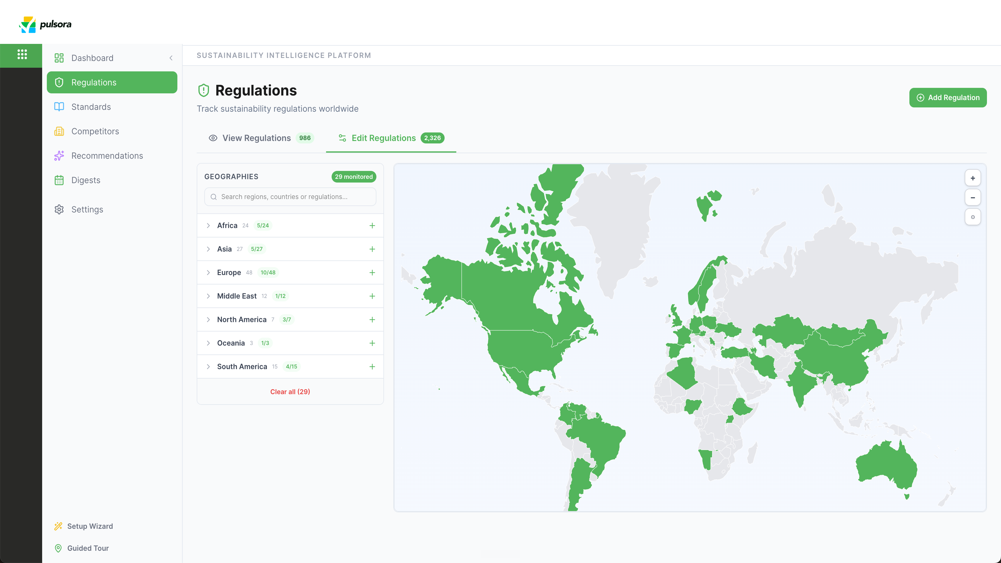 Pulsora Regulations view showing tracked sustainability regulations across a world map