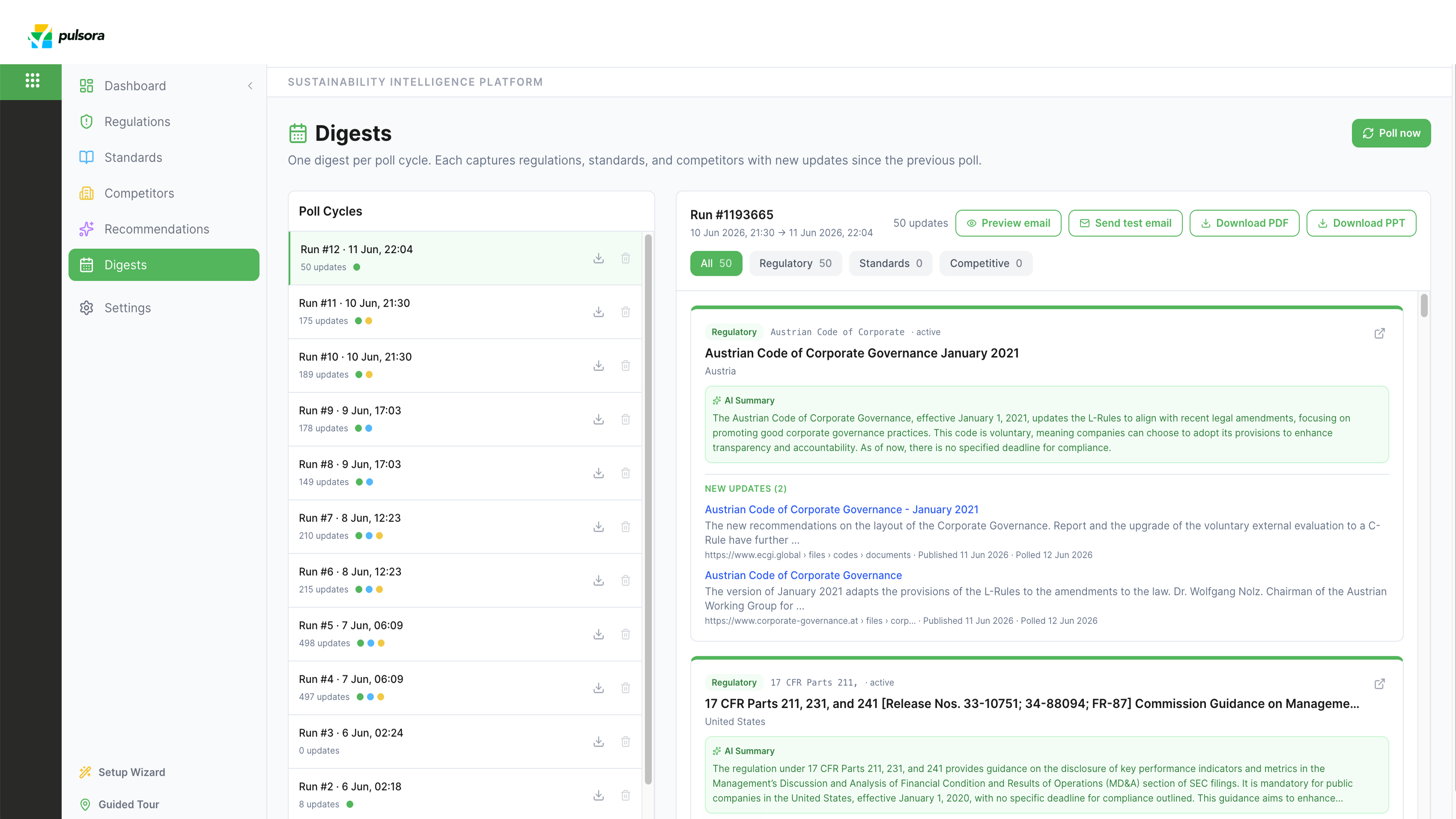 Pulsora Digests view showing poll cycles and regulatory updates since the last cycle