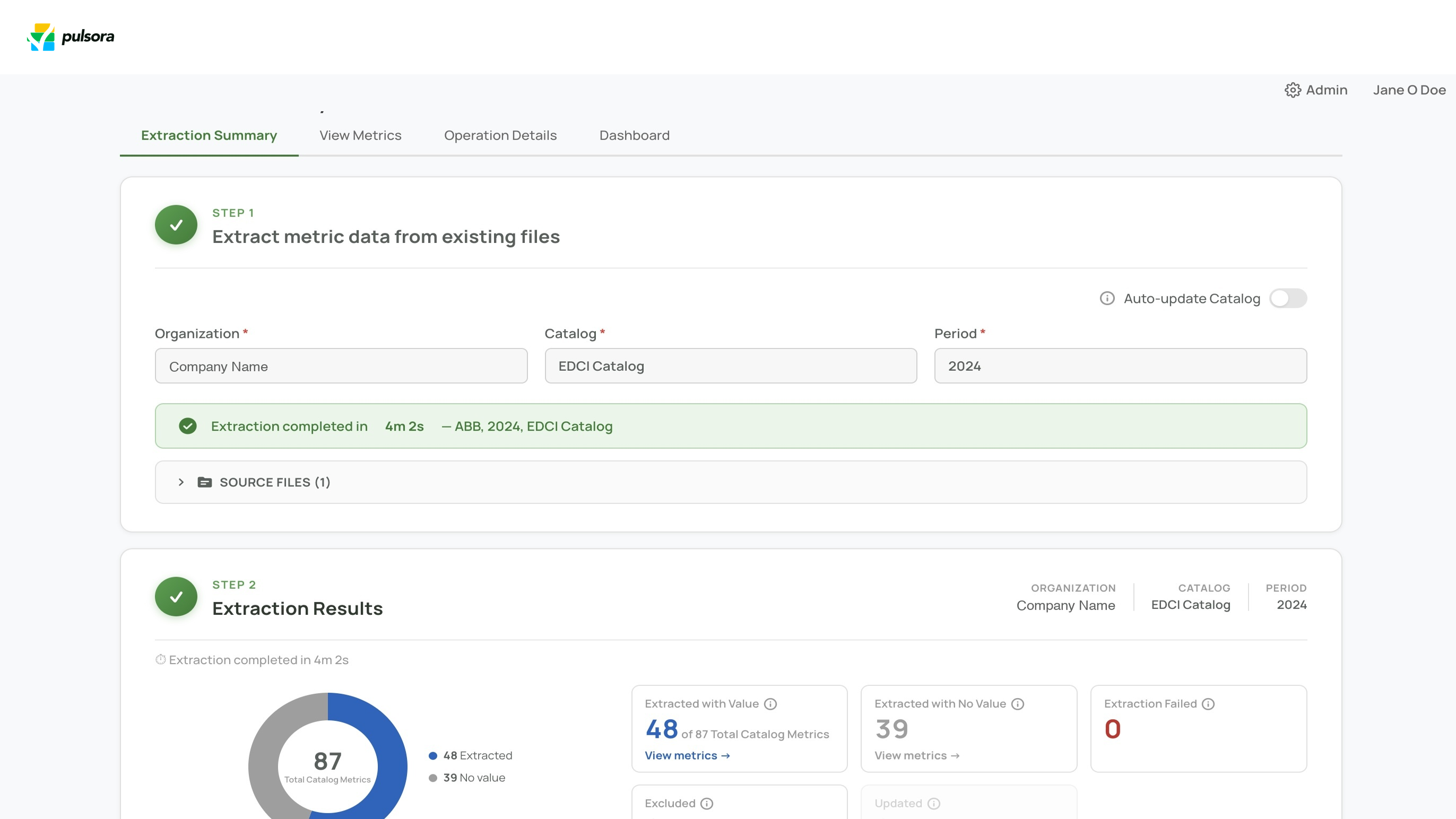 Pulsora metrics extraction: AI extracting configured metrics from documents to the catalog