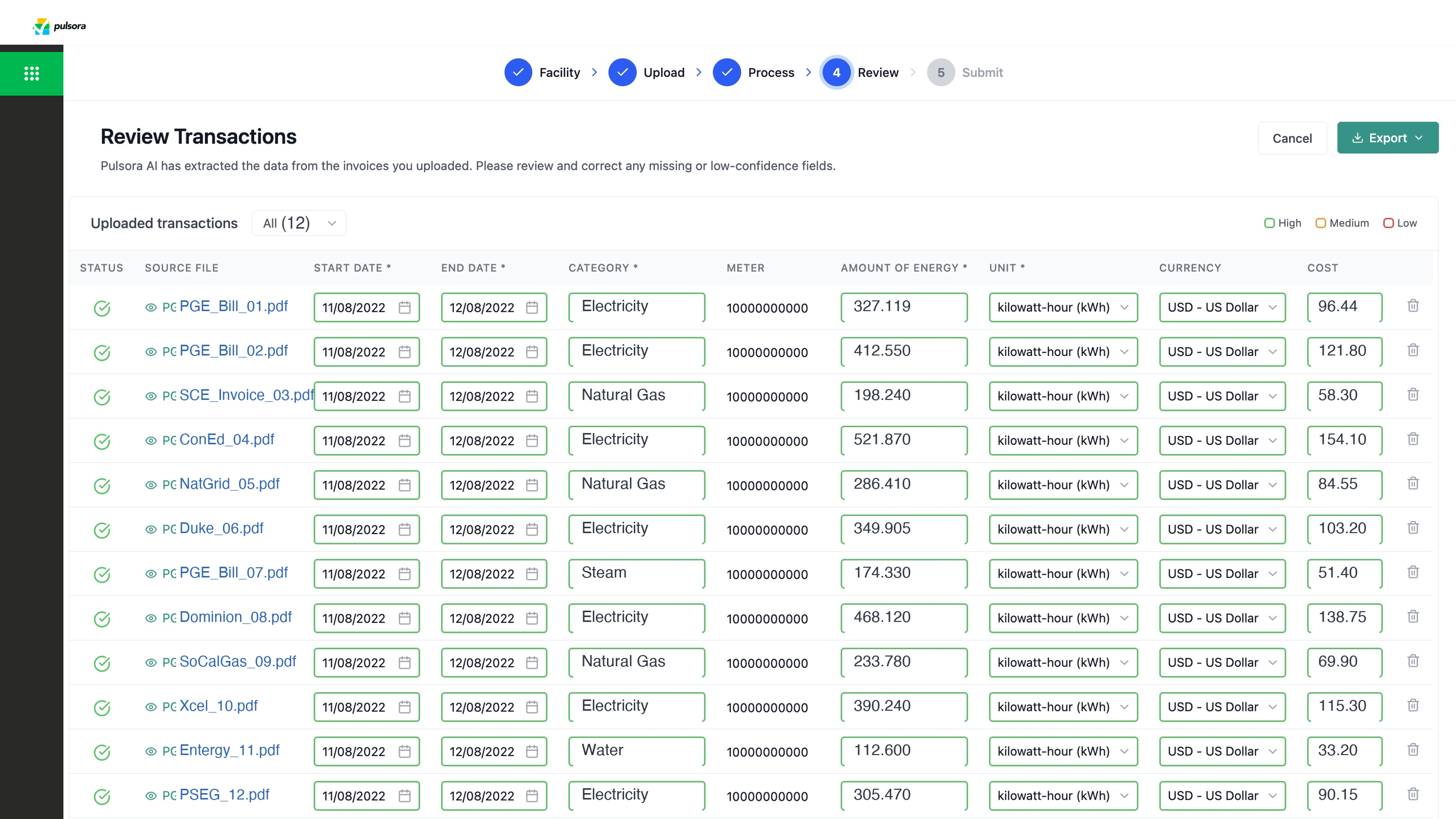 Pulsora GHG invoice extraction: review and correct AI-extracted transaction data