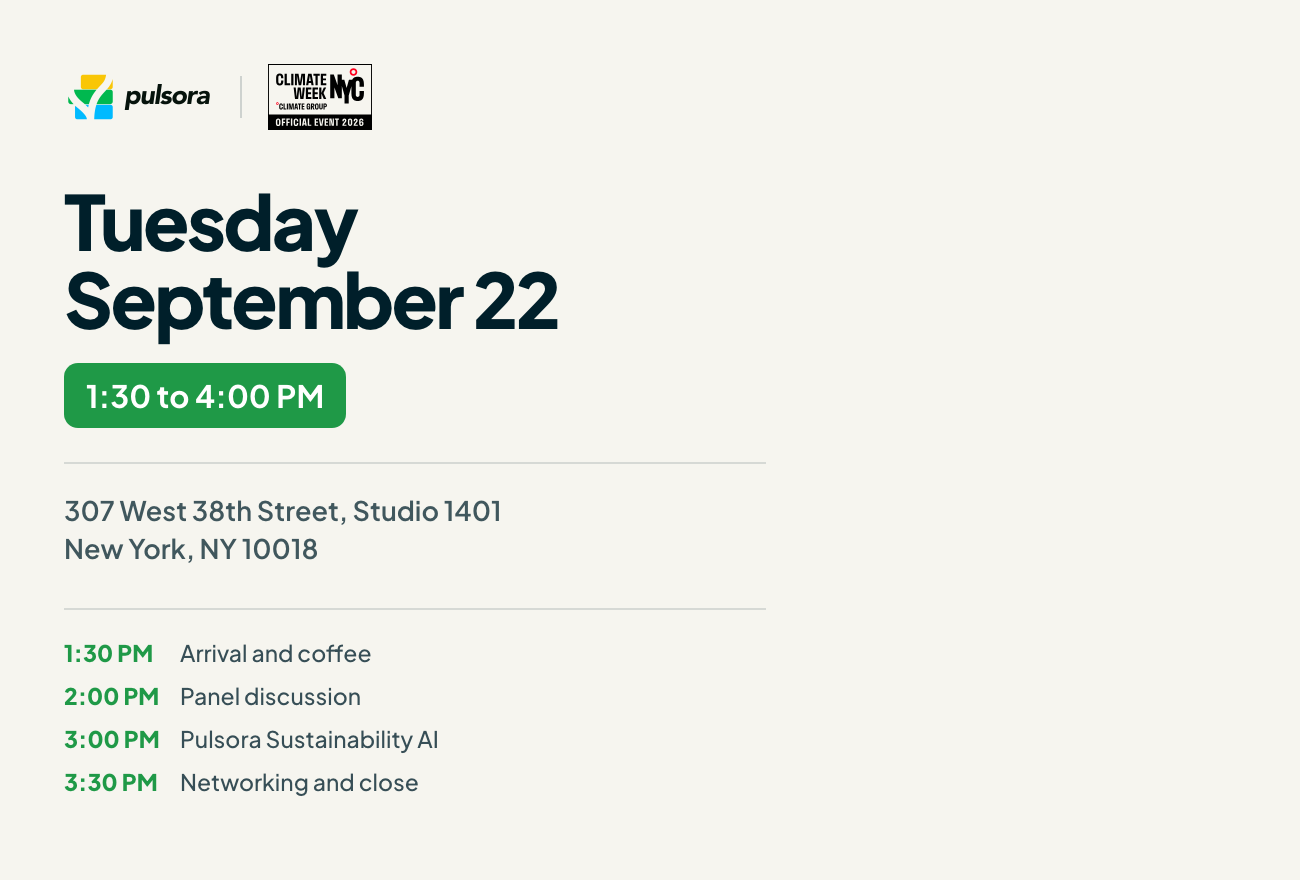 Pulsora at Climate Week NYC. Tuesday, September 22, 2026, 1:30 to 4:00 PM, at 307 West 38th Street, Studio 1401, New York, NY 10018. Schedule: 1:30 PM arrival and coffee, 2:00 PM panel discussion, 3:00 PM Pulsora Sustainability AI, 3:30 PM networking and close.