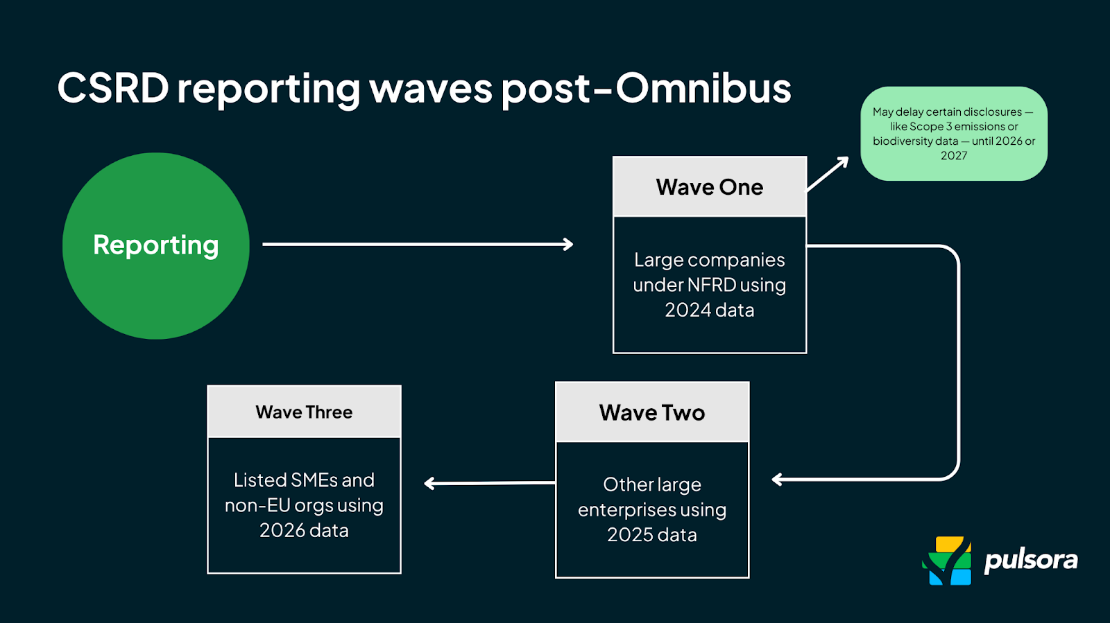 Flowchart showing CSRD reporting waves and timelines for large NFRD companies (2024), other large companies (2025), and listed SMEs and non-EU companies (2026)
