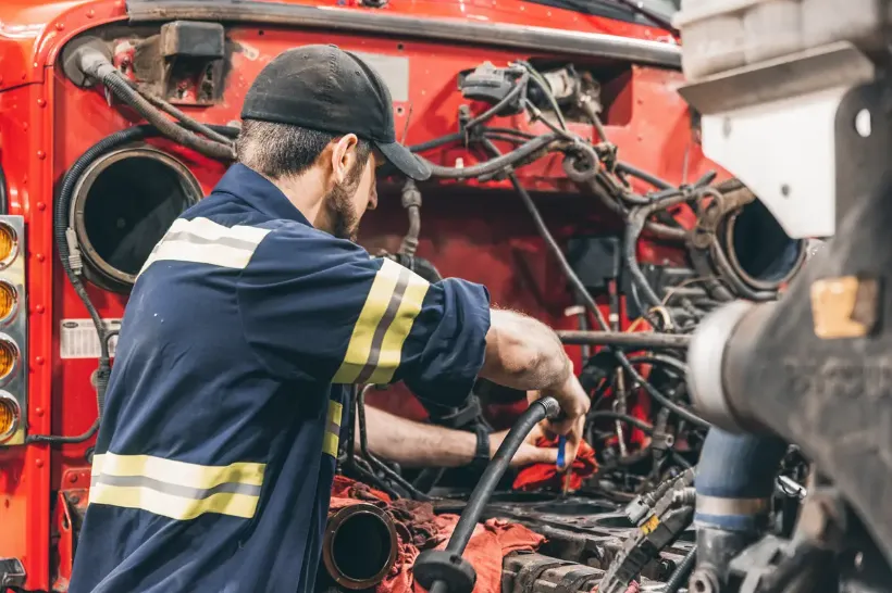 Technician performing diesel engine repair on a truck with exposed components during cold start service.
