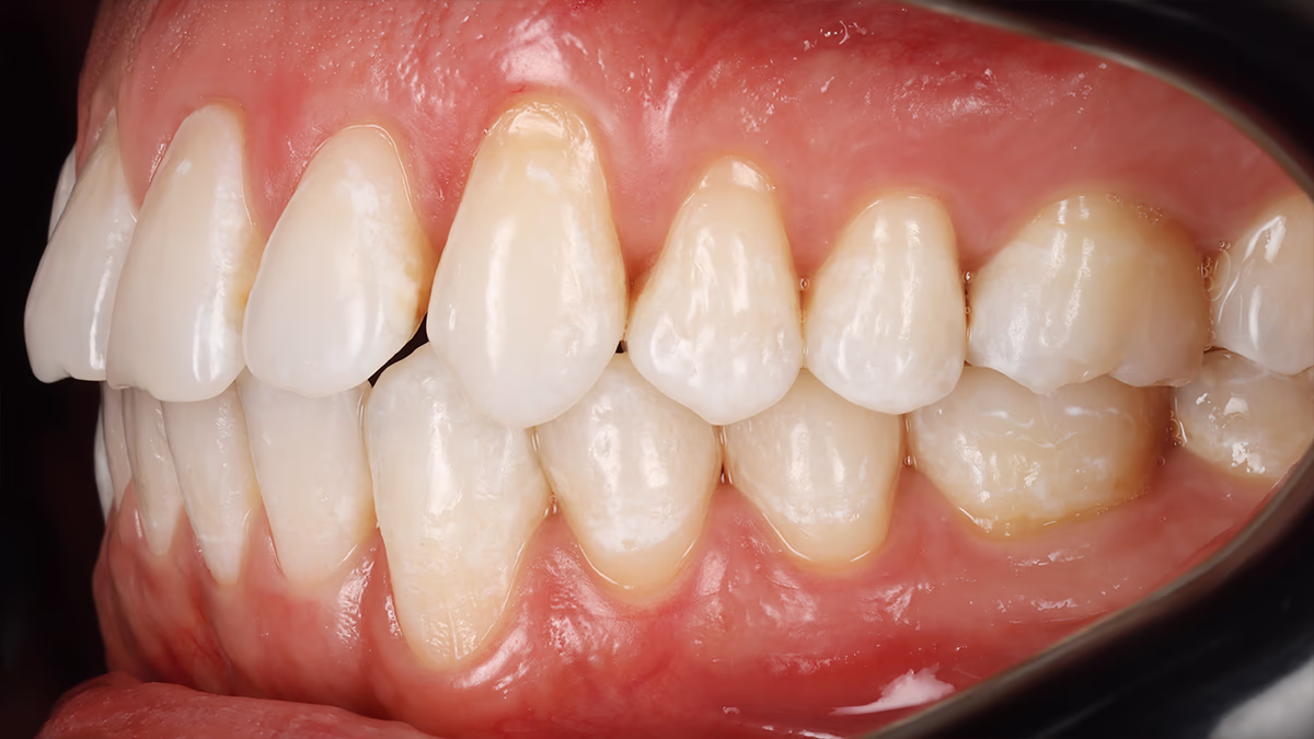 Вигляд зубного ряду збоку справа після лікування — вирівняні зуби, чиста емаль