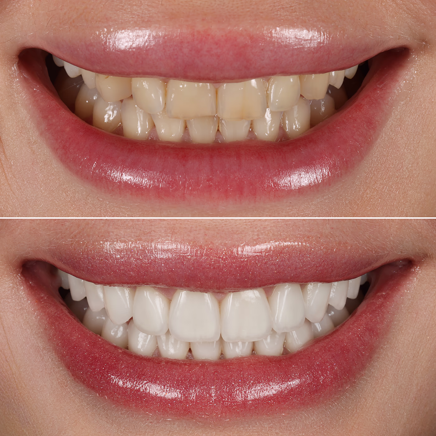 Фото порівняння посмішки до та після лікування та встановлення вінірів