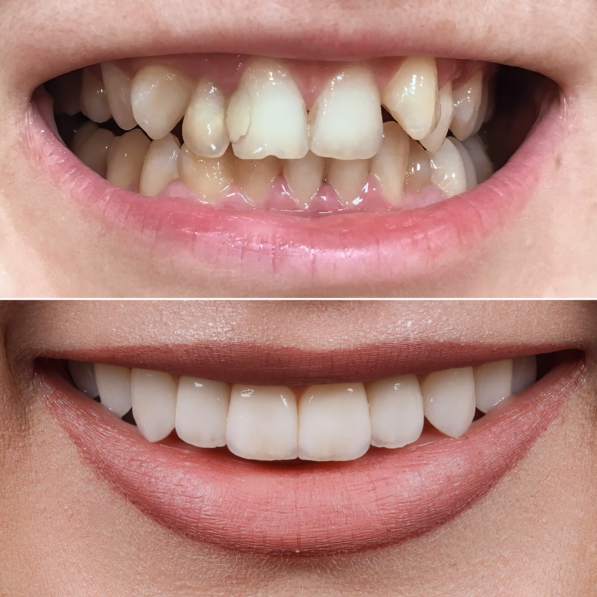 Улыбка пациента после коррекции зубов керамическими винирами и ортодонтией