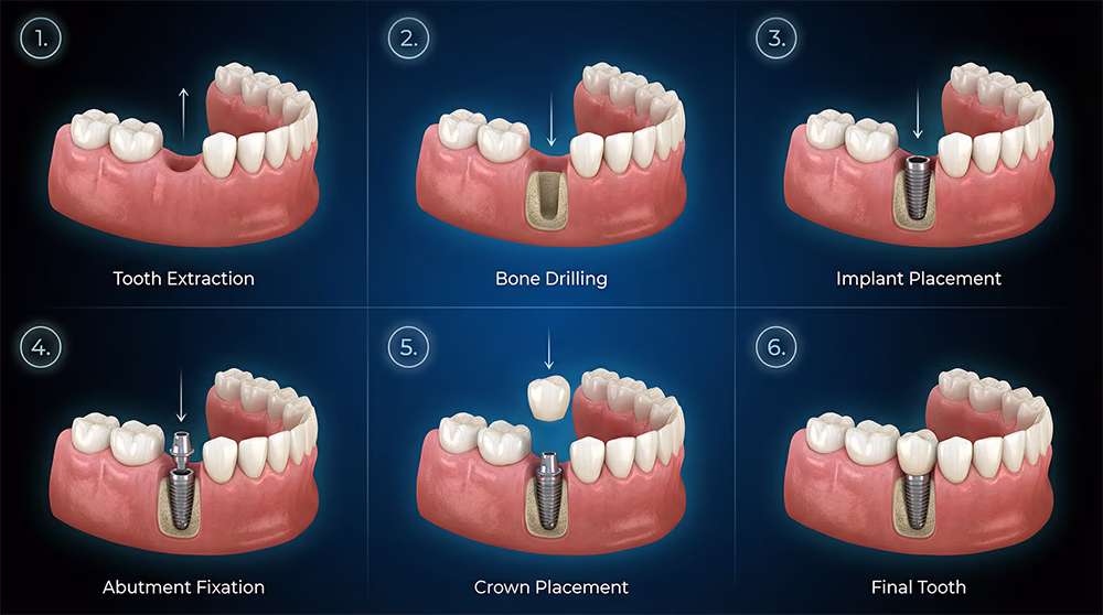 Етапи імплантації зуба: видалення, підготовка кістки, встановлення імпланта та коронки