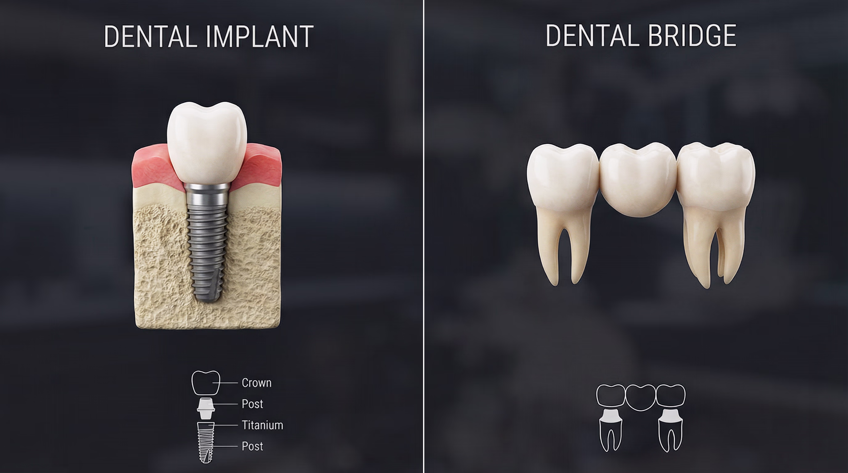 Порівняння зубного імпланта та мостовидного протеза для відновлення втраченого зуба