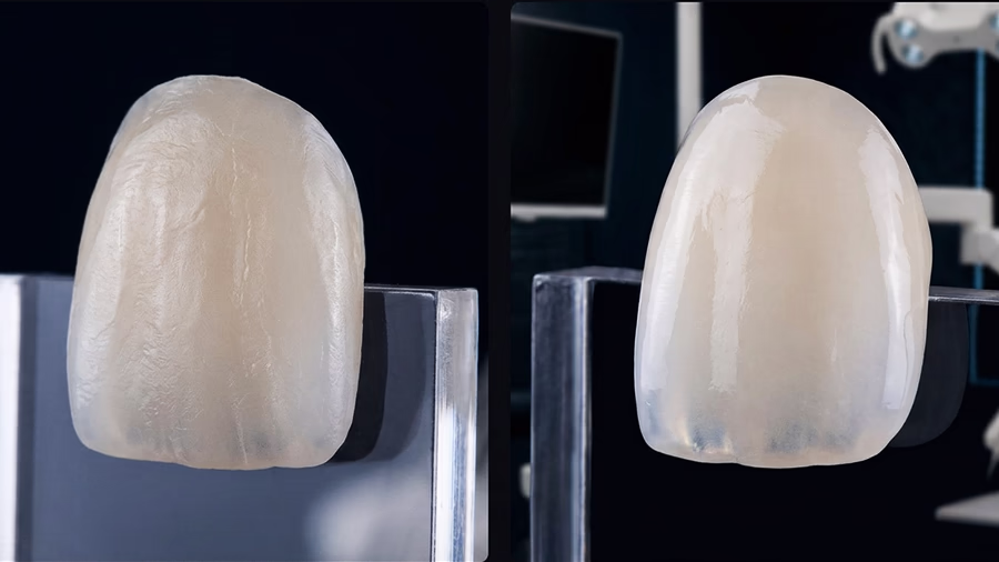 Close-up comparison of composite and ceramic dental veneers on a dental model