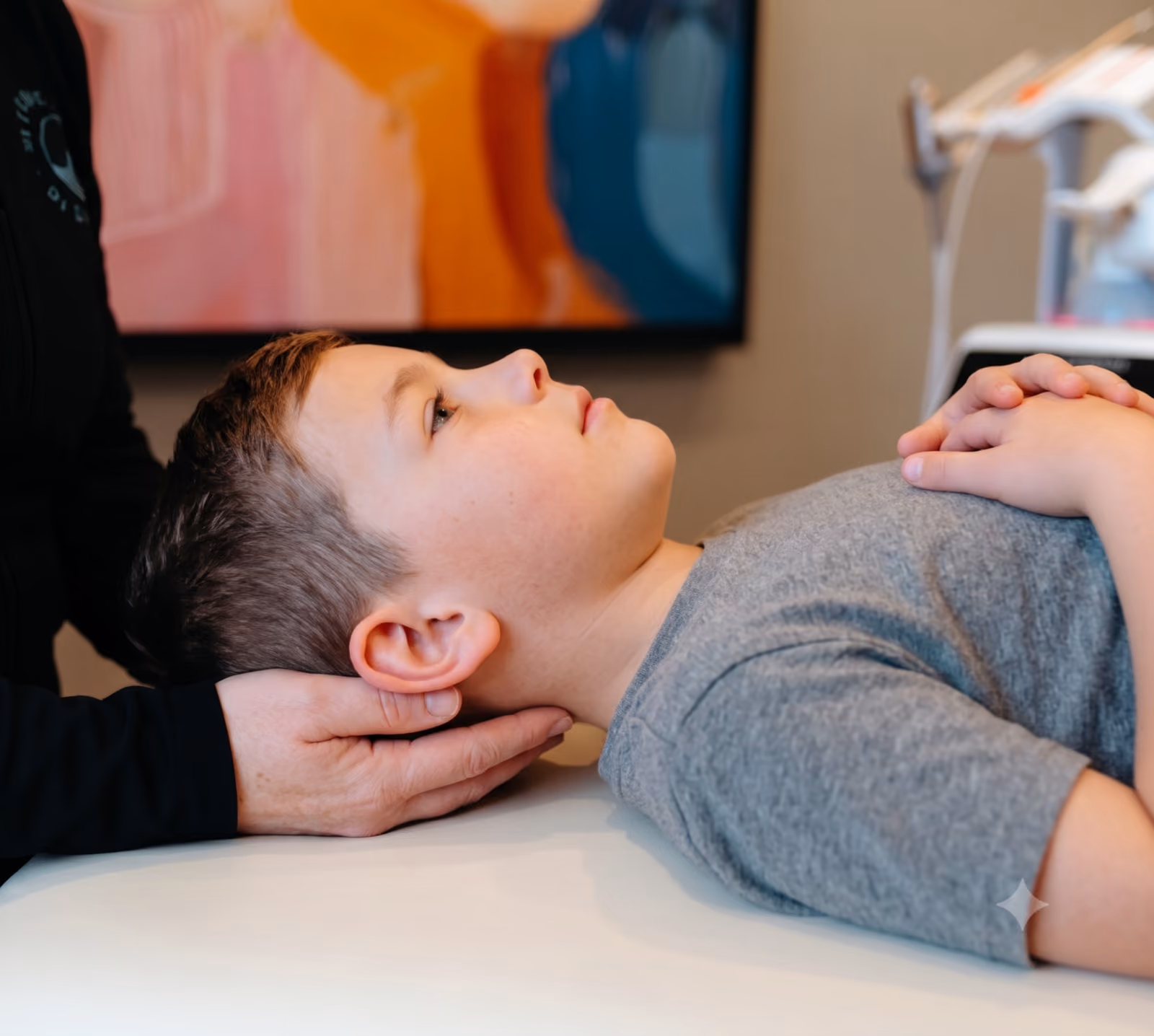 Orthopedist examining child's back in clinic. Scoliosis treatment
