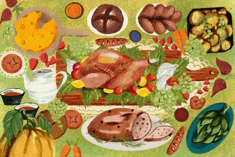 A drawn display of a themed traditional European style dinner setting