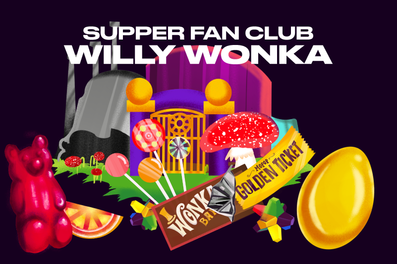 Assorted candies and sweet displayed in front of the MOPOP building with a golden gate in the front