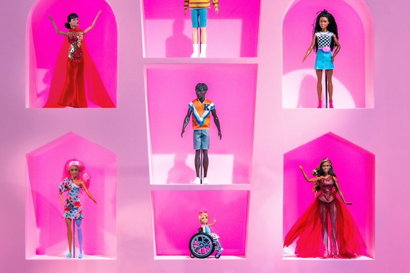Barbie dolls in the Massive exhibition, with a range of ethnicities and disabilities