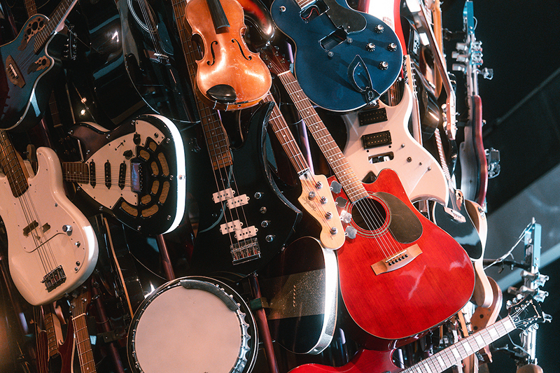 Close-up of guitars on the Roots and Branches sculpture
