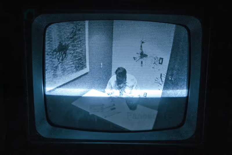 Black and white surveillance camera view of a person sitting at a desk with head down, in a room with a painting and wall marks.