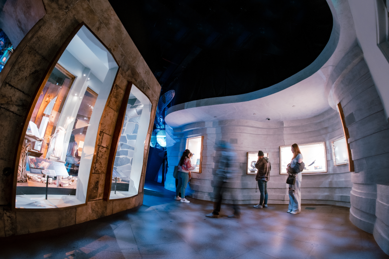 People walking through the Fantasy exhibition at MOPOP with motion blur