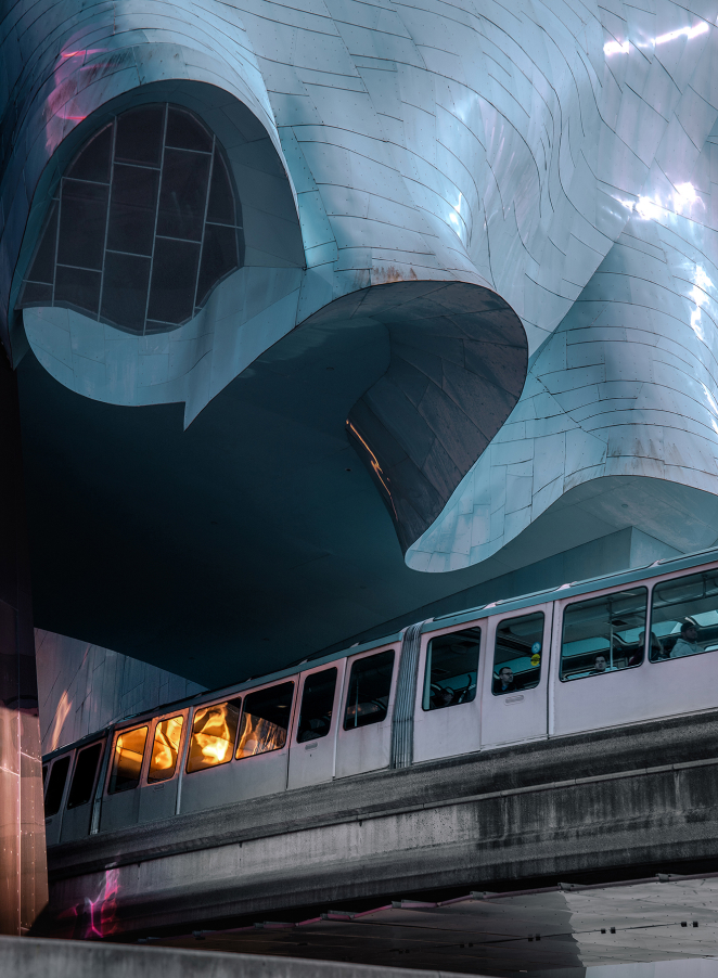 Monorail train entering the Museum of Pop Culture