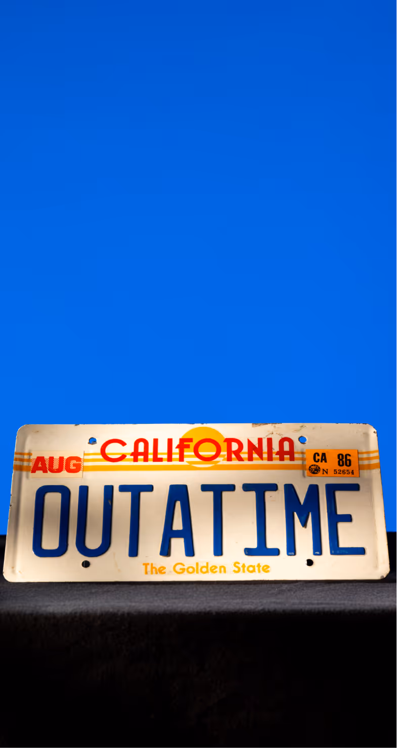 OUTATIME" License Plate from the Film "Back to the Future",  MOPOP Permanent Collection, c. 1985