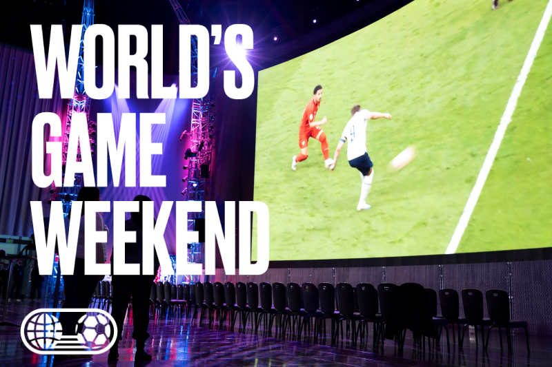 MOPOP's video screen displaying a soccer game with the caption World's Game Weekend
