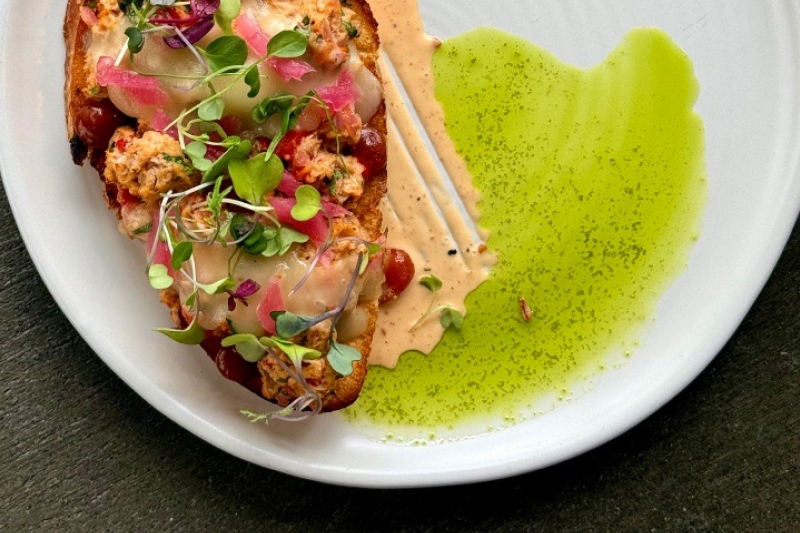 Open-faced sandwich with microgreens, sauces, and pickled onions on a white plate.